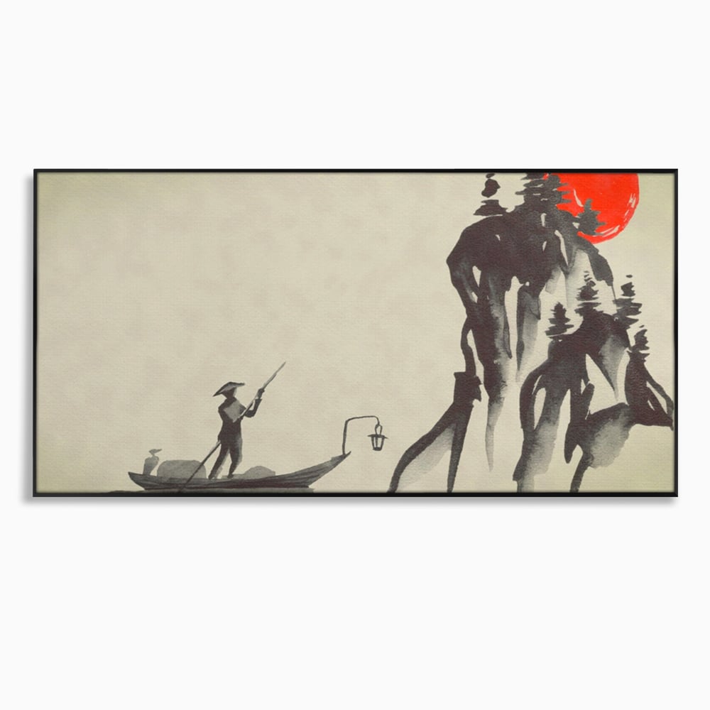 Tablou canvas cu pictura minimalista cu pescar si soare rosu, in rama de aluminiu negru
