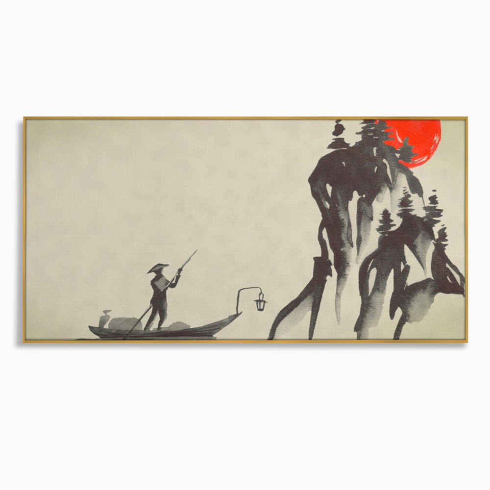 Tablou canvas cu pictura minimalista cu pescar si soare rosu, in rama de aluminiu auriu
