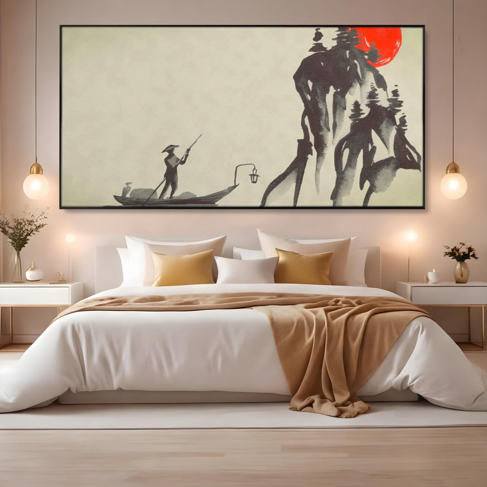Tablou canvas cu pictura minimalista cu pescar si soare rosu, in rama de aluminiu negru, pe perete intr-un dormitor