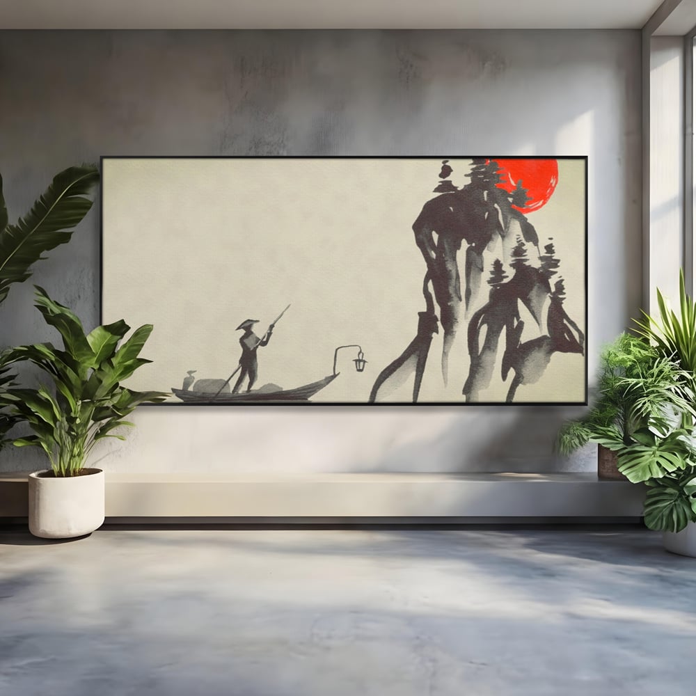 Tablou canvas cu pictura minimalista cu pescar si soare rosu, in rama de aluminiu negru