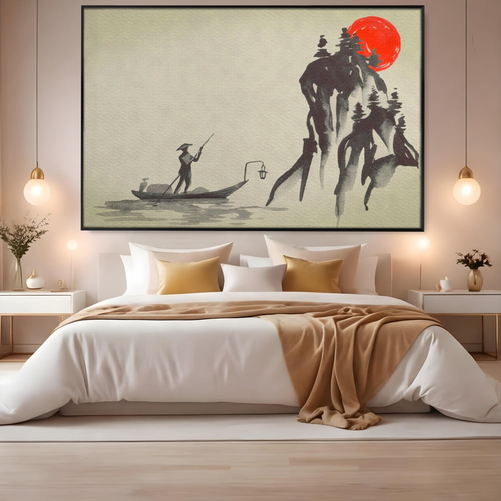 Tablou canvas cu pictura minimalista cu pescar si soare rosu, in rama de aluminiu negru, pe perete intr-un dormitor