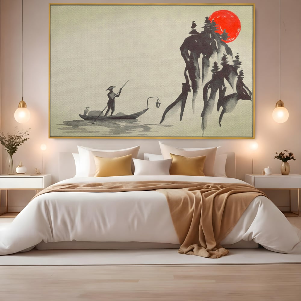 Tablou canvas cu pictura minimalista cu pescar si soare rosu, in rama de aluminiu auriu, pe perete intr-un dormitor