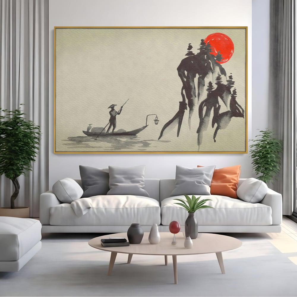 Tablou canvas cu pictura minimalista cu pescar si soare rosu, in rama de aluminiu auriu, pe perete intr-un living