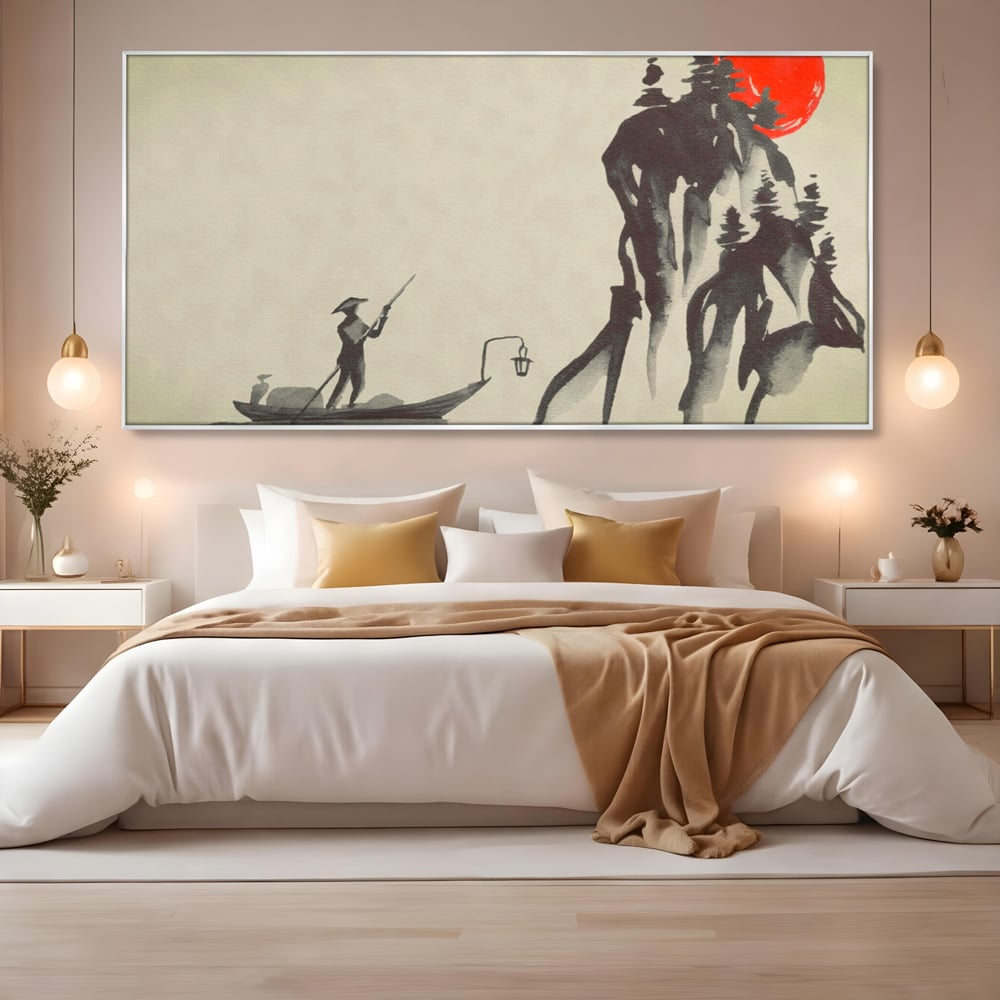 Tablou canvas cu pictura minimalista cu pescar si soare rosu, in rama de aluminiu argintiu, pe perete intr-un dormitor