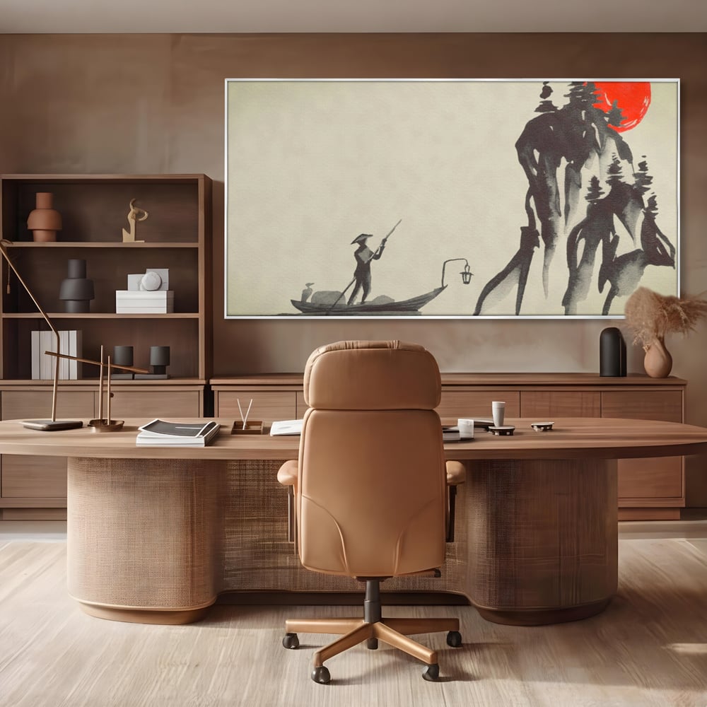 Tablou canvas cu pictura minimalista cu pescar si soare rosu, in rama de aluminiu argintiu, pe perete intr-un birou