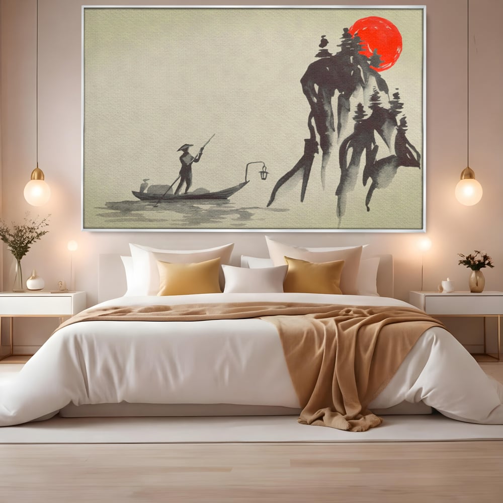 Tablou canvas cu pictura minimalista cu pescar si soare rosu, in rama de aluminiu argintiu, pe perete intr-un dormitor