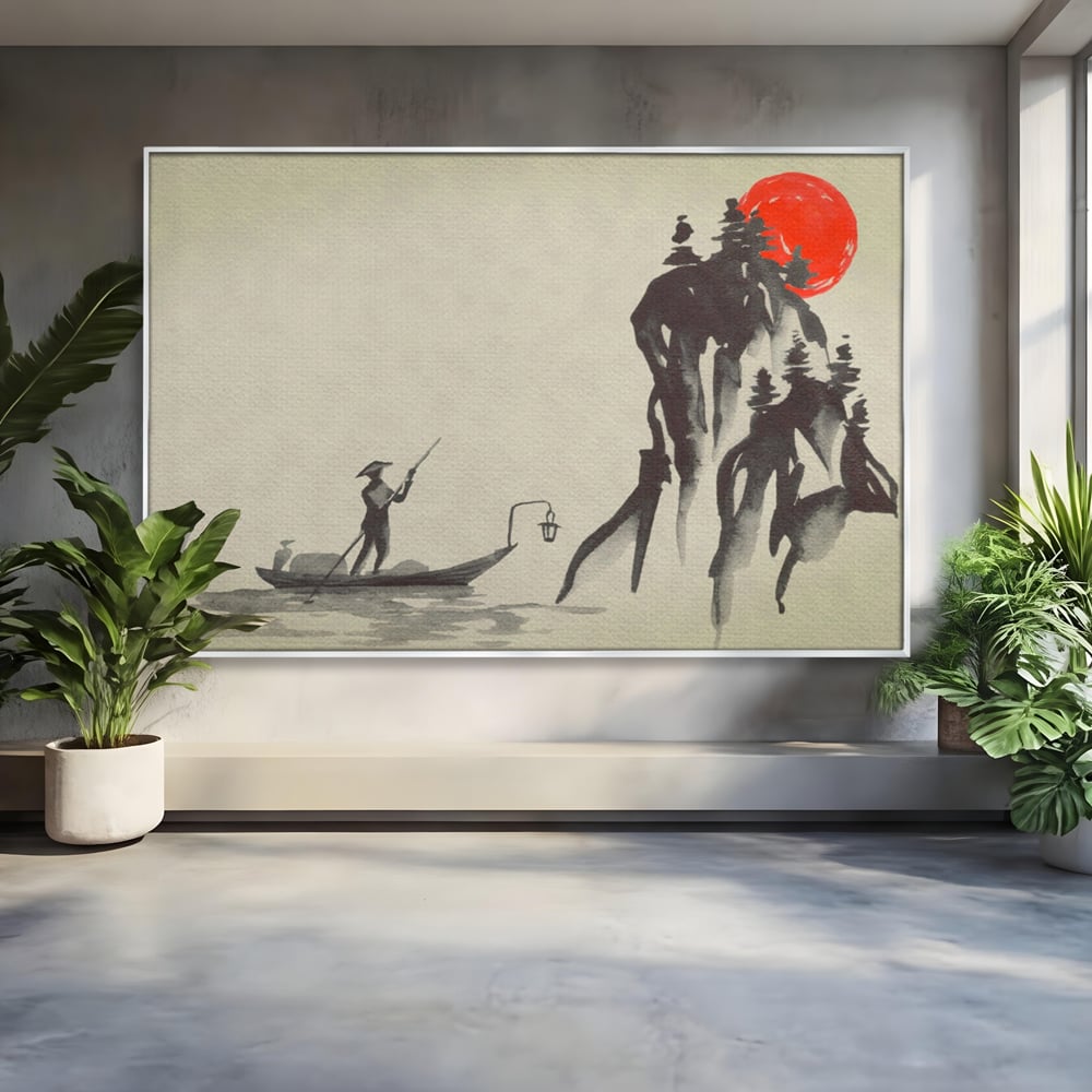 Tablou canvas cu pictura minimalista cu pescar si soare rosu, in rama de aluminiu argintiu