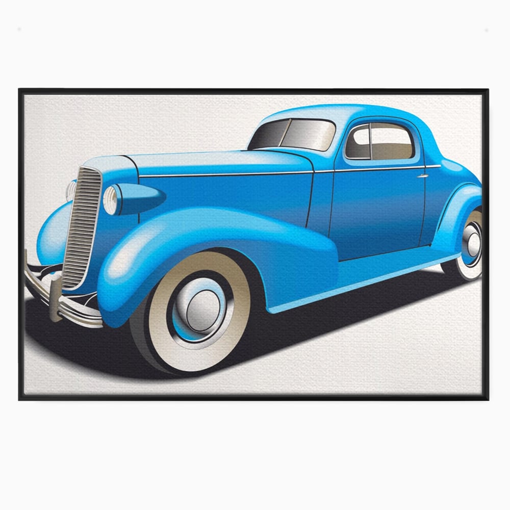 Tablou canvas cu ilustratie cu masina de epoca albastra, in rama de aluminiu negru