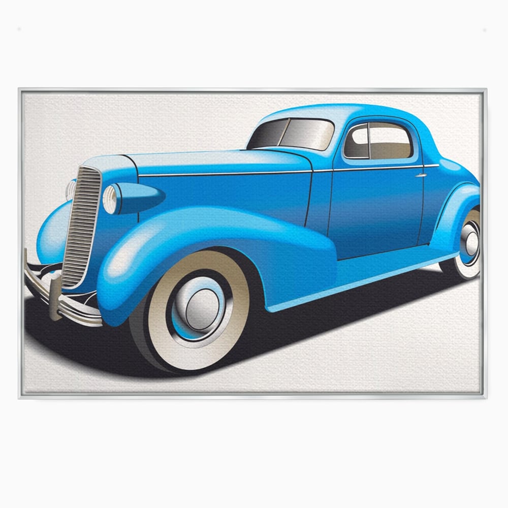 Tablou canvas cu ilustratie cu masina de epoca albastra, in rama de aluminiu argintiu