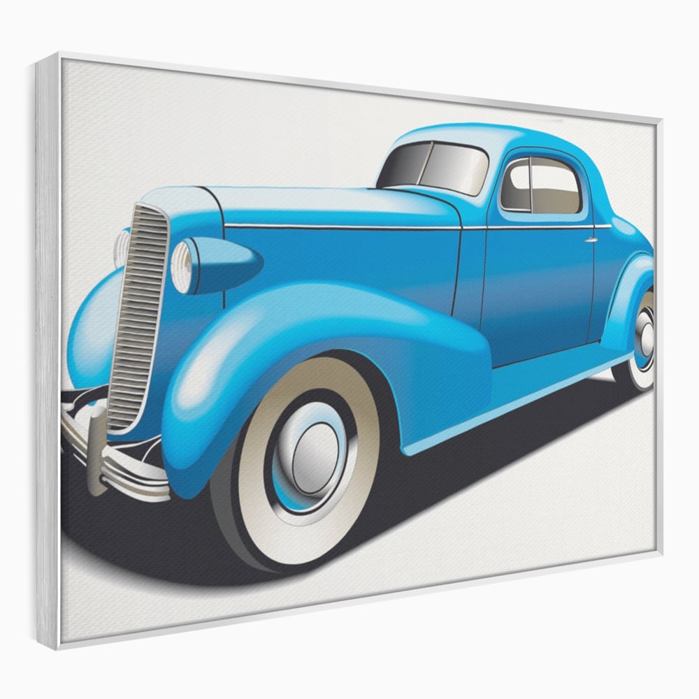 Tablou canvas cu ilustratie cu masina de epoca albastra, in rama de aluminiu argintiu