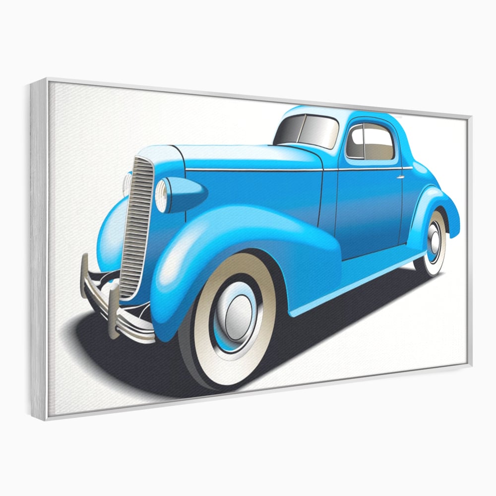 Tablou canvas cu ilustratie cu masina de epoca albastra, in rama de aluminiu argintiu