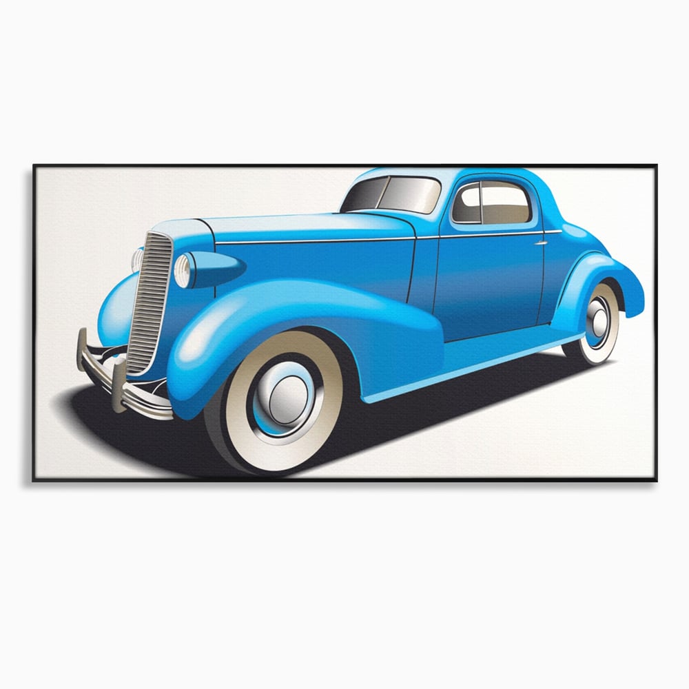 Tablou canvas cu ilustratie cu masina de epoca albastra, in rama de aluminiu negru