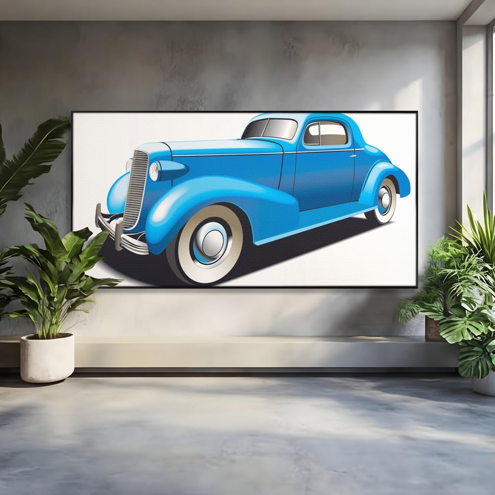 Tablou canvas cu ilustratie cu masina de epoca albastra, in rama de aluminiu negru