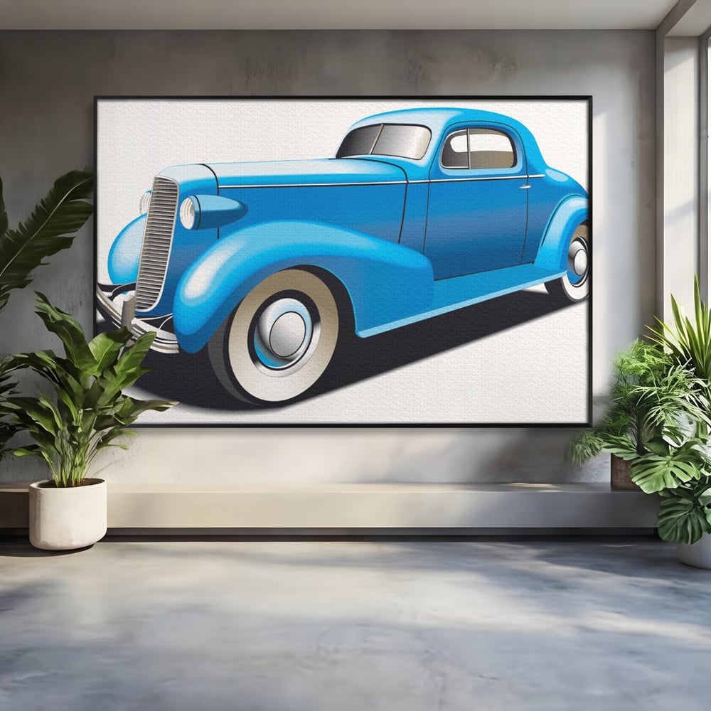 Tablou canvas cu ilustratie cu masina de epoca albastra, in rama de aluminiu negru