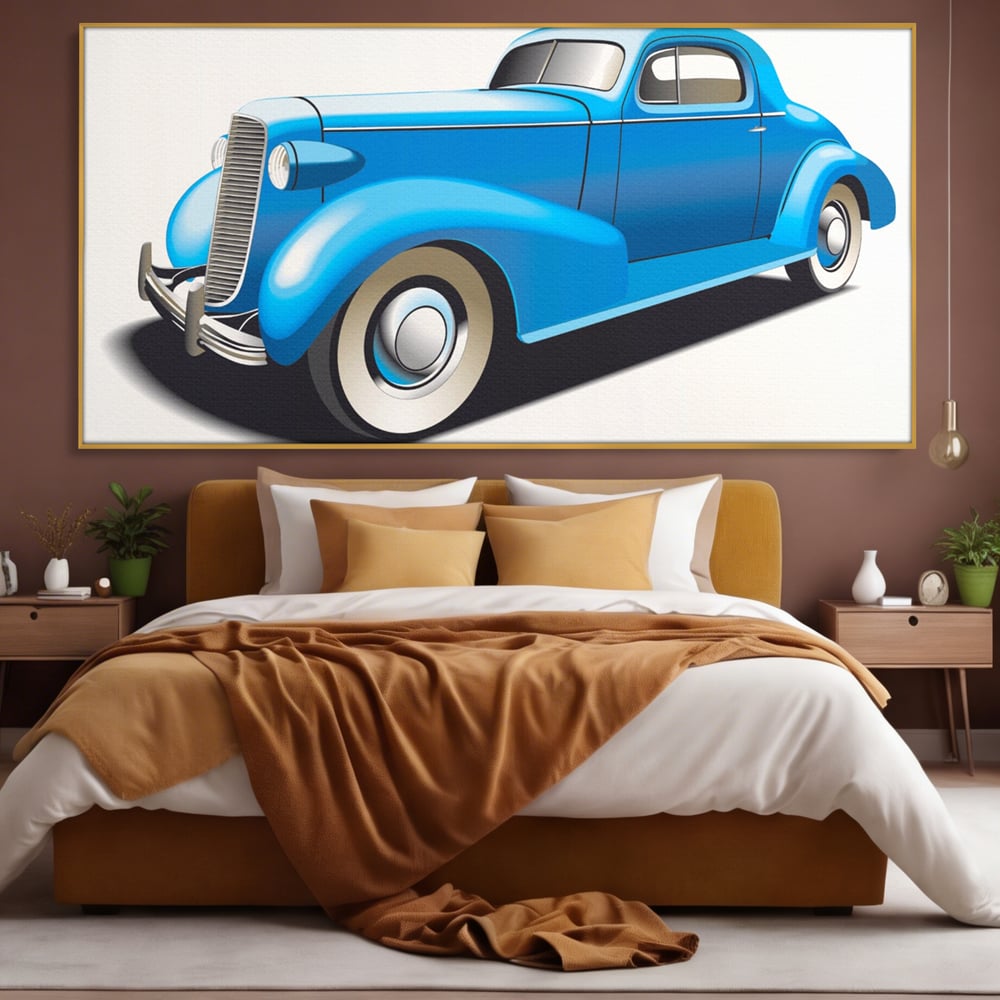 Tablou canvas cu ilustratie cu masina de epoca albastra, in rama de aluminiu auriu, pe perete intr-un dormitor