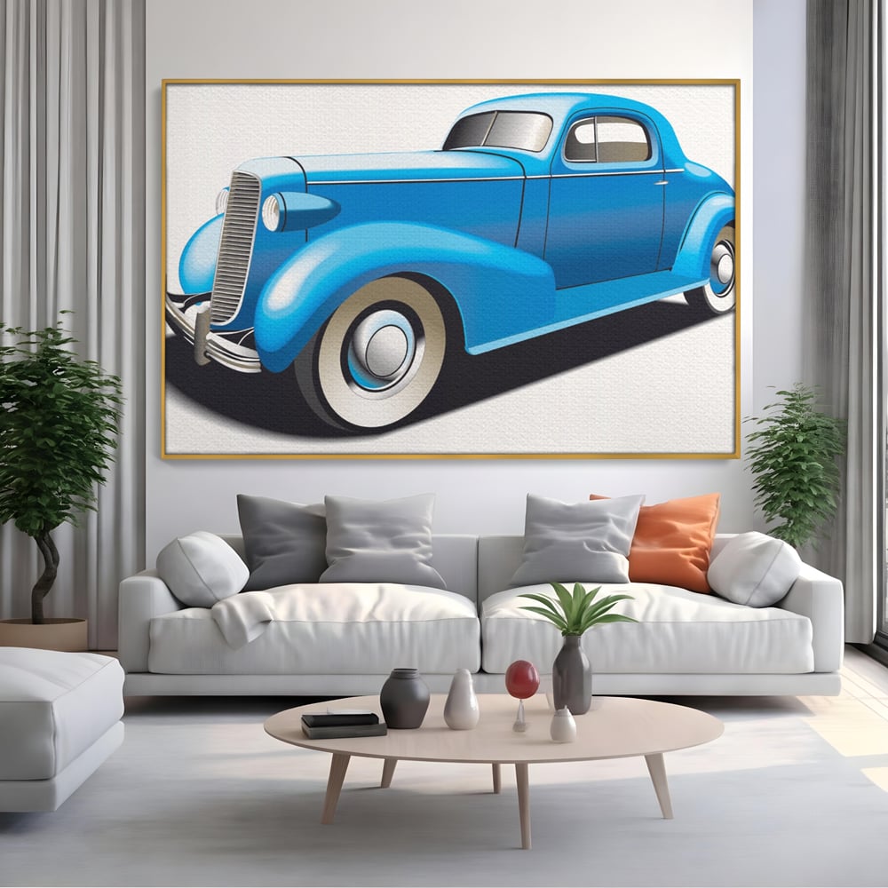 Tablou canvas cu ilustratie cu masina de epoca albastra, in rama de aluminiu auriu, pe perete intr-un living