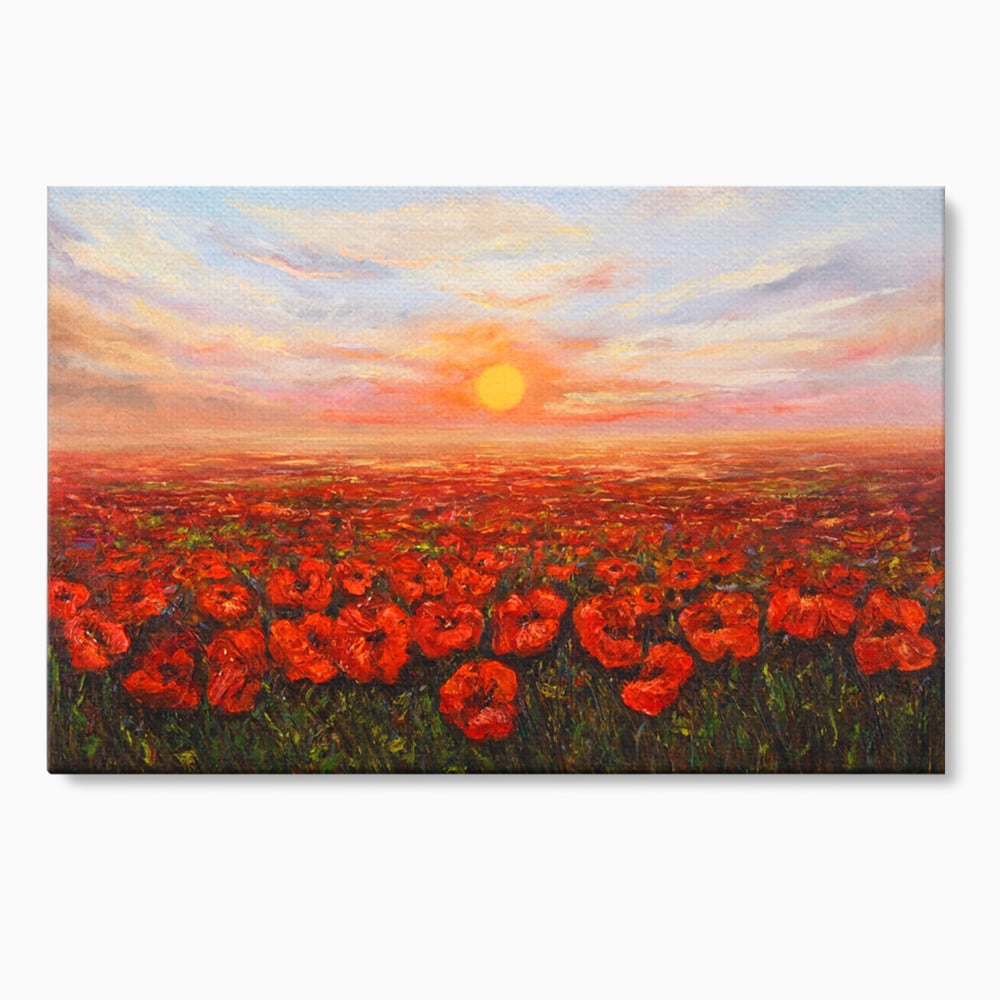 Tablou canvas cu pictura camp cu maci, fara rama, pe sasiu de lemn