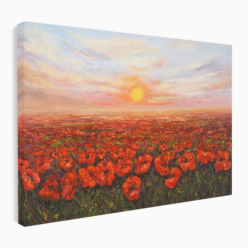 Tablou canvas cu pictura camp cu maci, fara rama, pe sasiu de lemn