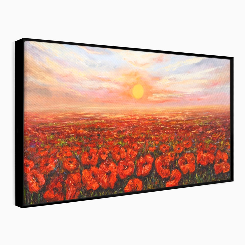 Tablou canvas cu pictura camp cu maci, in rama de aluminiu negru