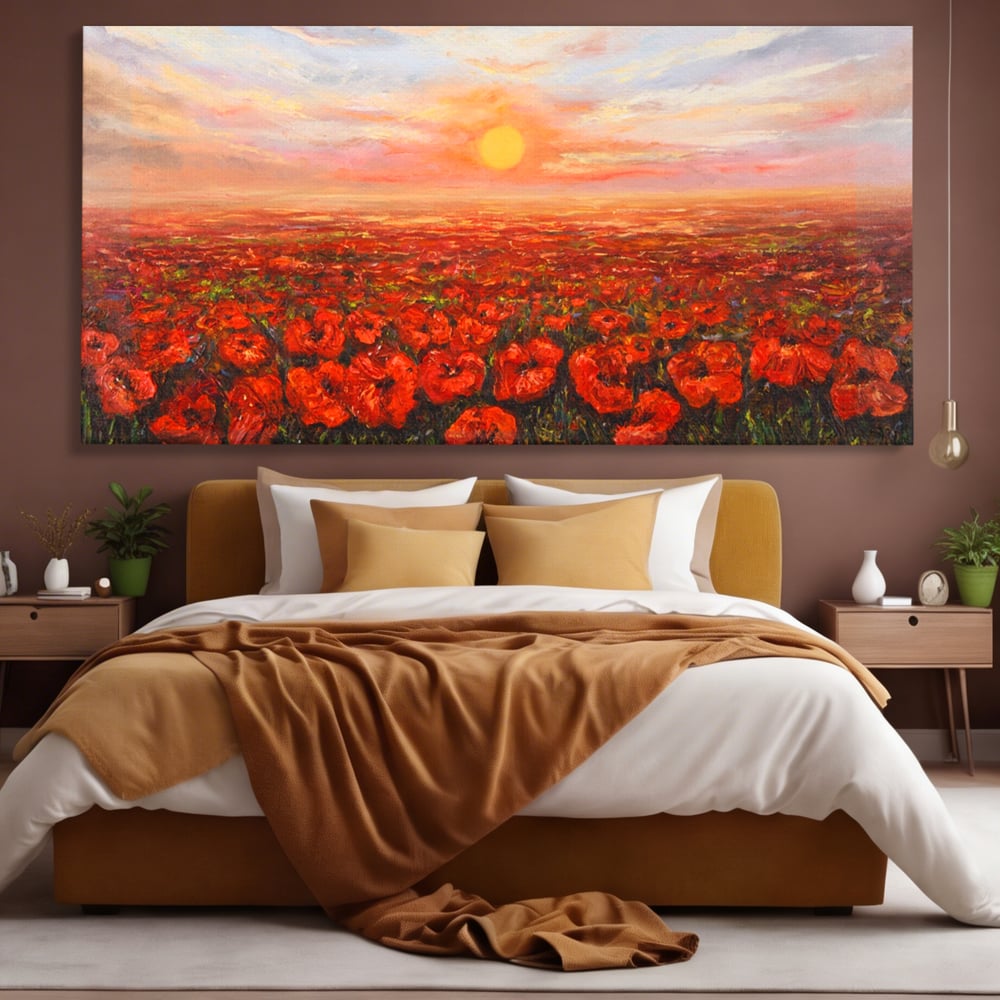Tablou canvas cu pictura camp cu maci, fara rama, pe sasiu de lemn, pe perete intr-un dormitor
