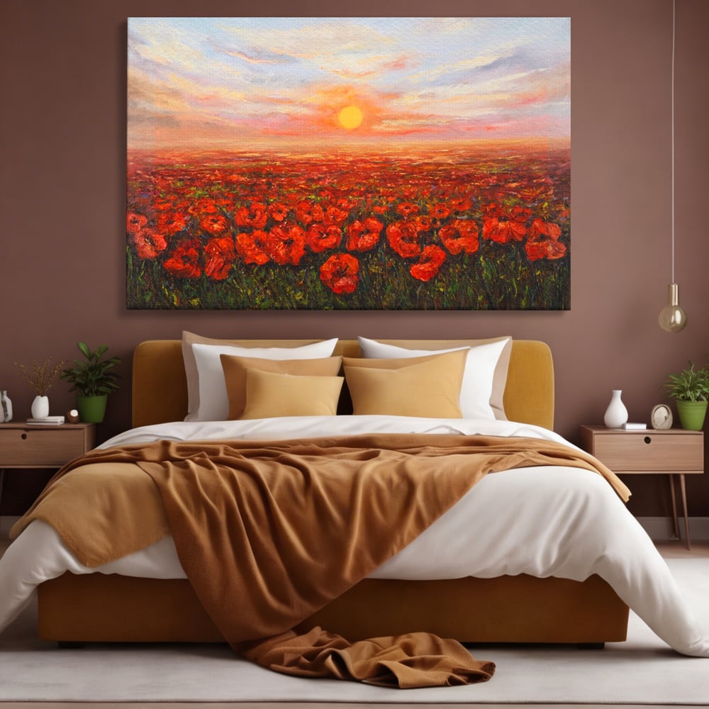 Tablou canvas cu pictura camp cu maci, fara rama, pe sasiu de lemn, pe perete intr-un dormitor