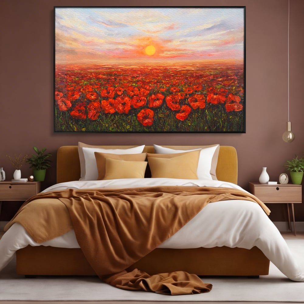 Tablou canvas cu pictura camp cu maci, in rama de aluminiu negru, pe perete intr-un dormitor