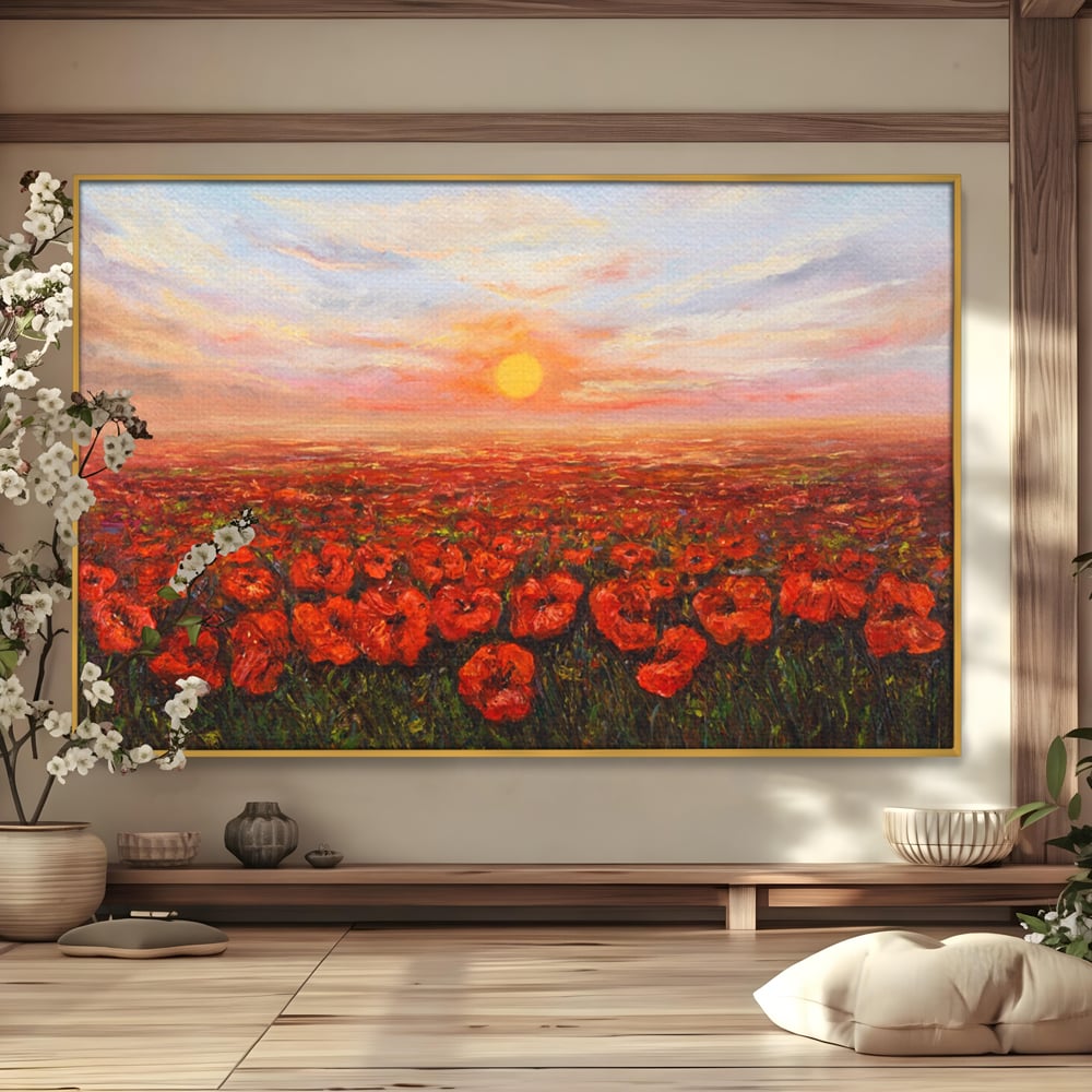 Tablou canvas cu pictura camp cu maci, in rama de aluminiu auriu