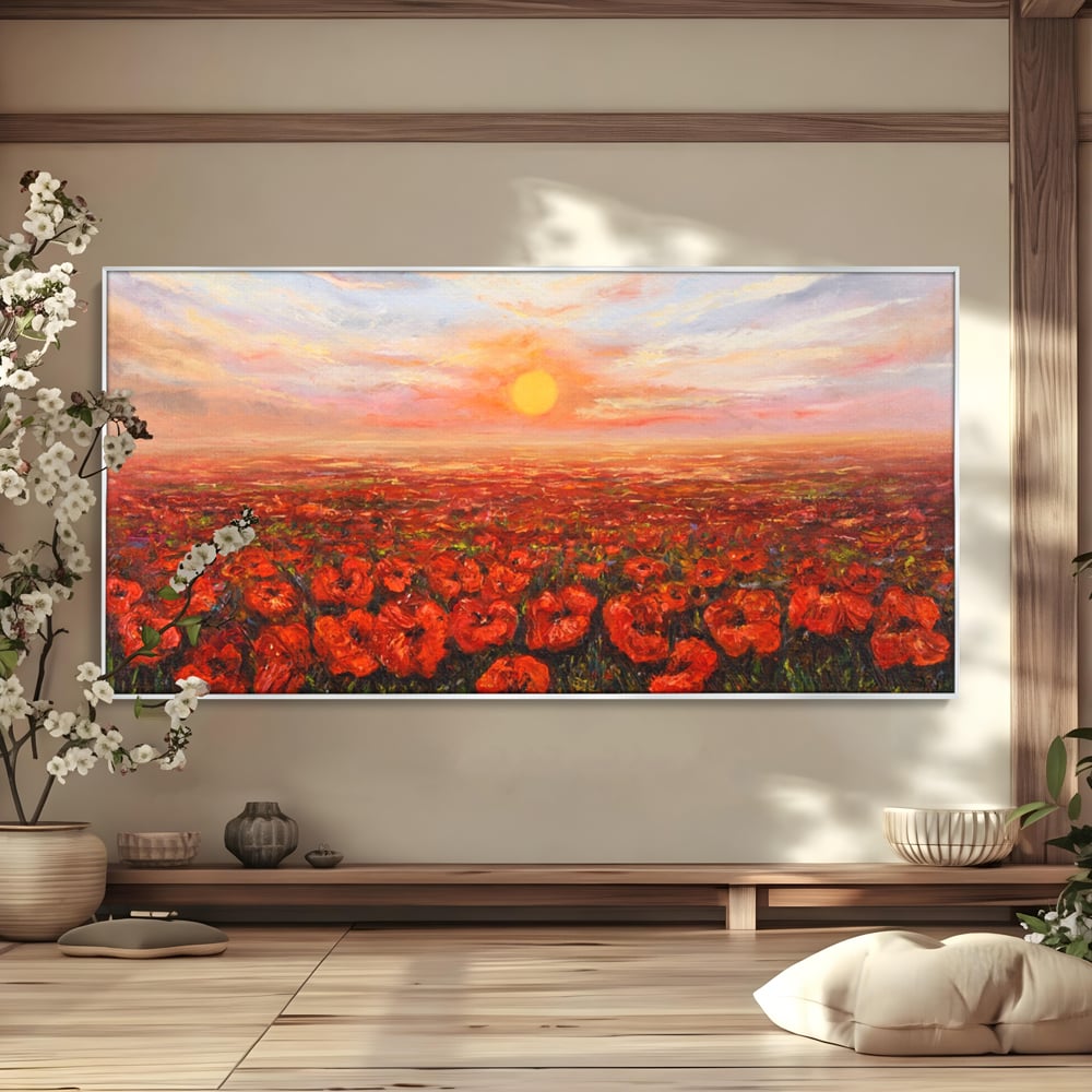 Tablou canvas cu pictura camp cu maci, in rama de aluminiu argintiu