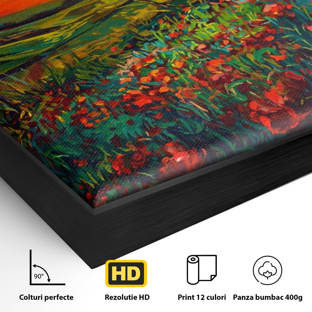 Detaliu al suprafetei: tablou canvas cu maci si apus de soare, in rama de aluminiu negru