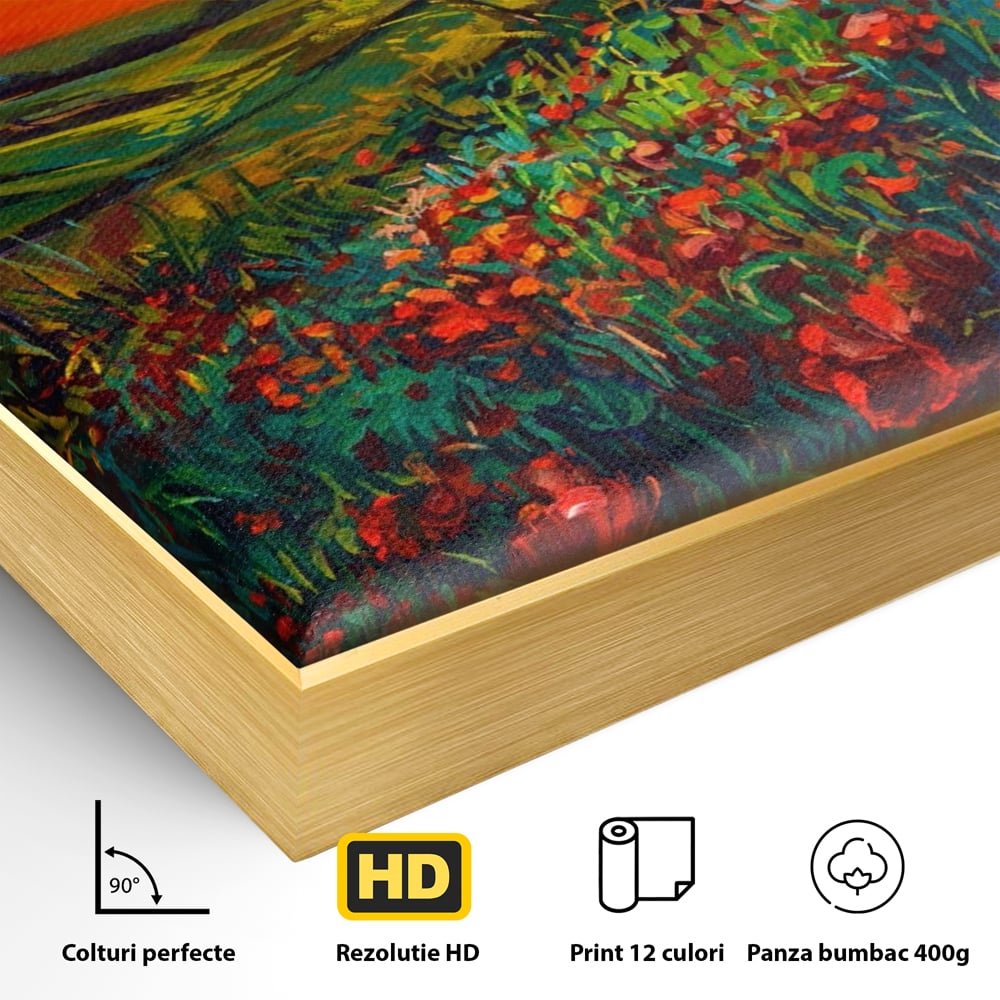 Detaliu al suprafetei: tablou canvas cu maci si apus de soare, in rama de aluminiu auriu