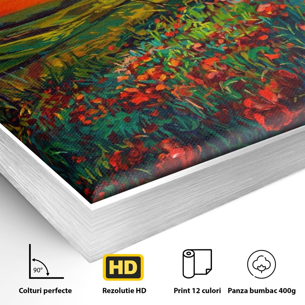 Detaliu al suprafetei: tablou canvas cu maci si apus de soare, in rama de aluminiu argintiu