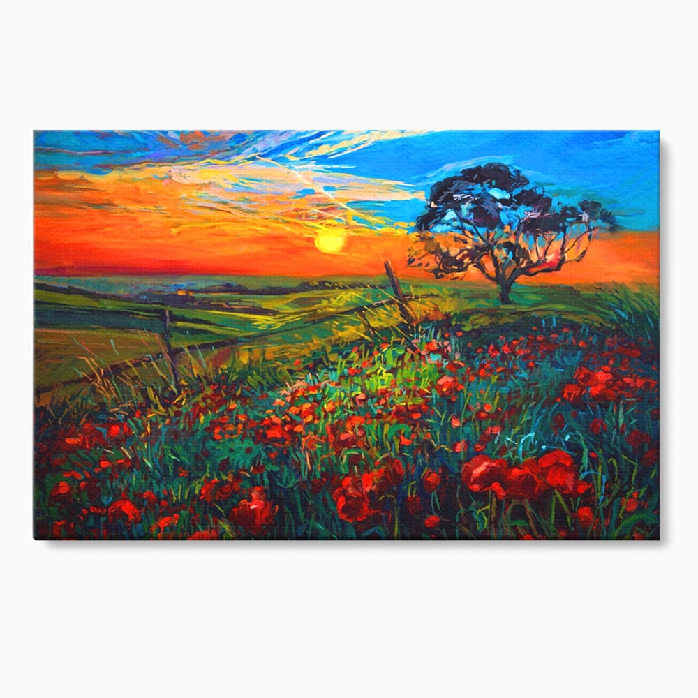Tablou canvas cu tablou canvas cu maci si apus de soare, fara rama, pe sasiu de lemn