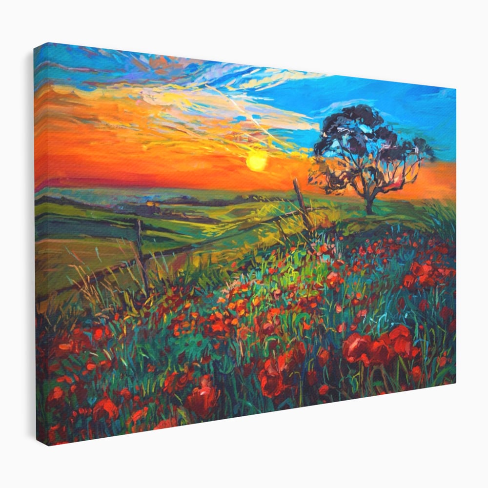 Tablou canvas cu tablou canvas cu maci si apus de soare, fara rama, pe sasiu de lemn