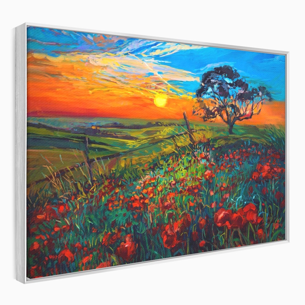 Tablou canvas cu tablou canvas cu maci si apus de soare, in rama de aluminiu argintiu
