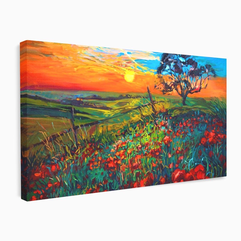Tablou canvas cu tablou canvas cu maci si apus de soare, fara rama, pe sasiu de lemn