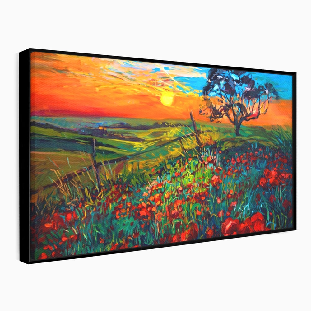 Tablou canvas cu tablou canvas cu maci si apus de soare, in rama de aluminiu negru