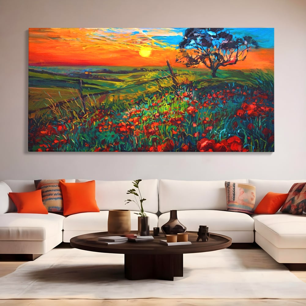 Tablou canvas cu tablou canvas cu maci si apus de soare, fara rama, pe sasiu de lemn, pe perete intr-un living