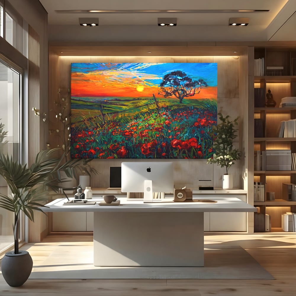 Tablou canvas cu tablou canvas cu maci si apus de soare, fara rama, pe sasiu de lemn, pe perete intr-un birou