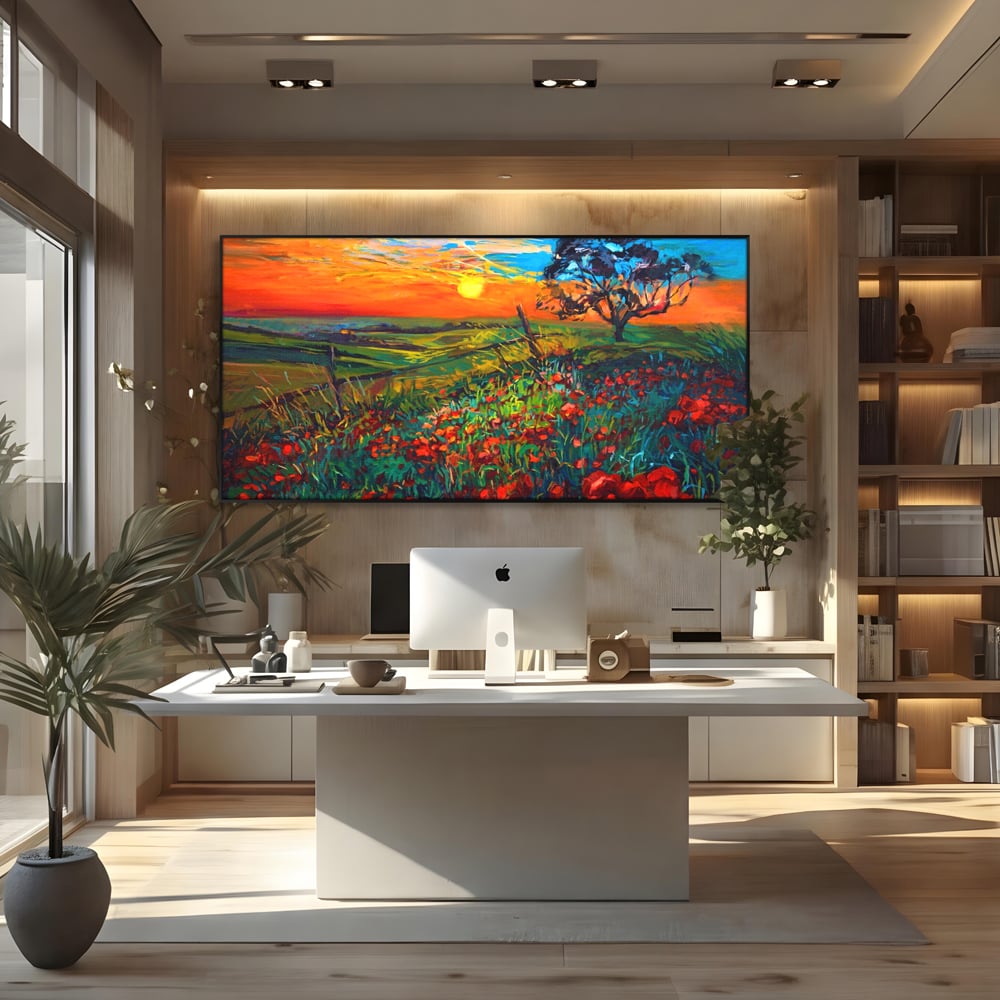 Tablou canvas cu tablou canvas cu maci si apus de soare, in rama de aluminiu negru, pe perete intr-un birou