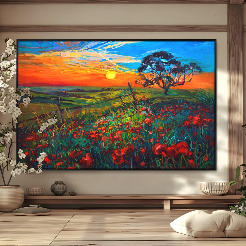 Tablou canvas cu tablou canvas cu maci si apus de soare, in rama de aluminiu negru