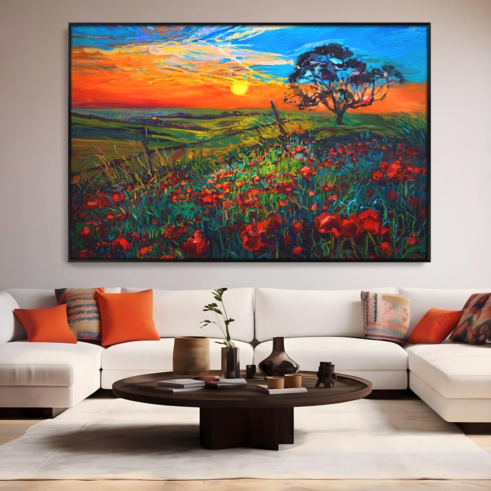 Tablou canvas cu tablou canvas cu maci si apus de soare, in rama de aluminiu negru, pe perete intr-un living