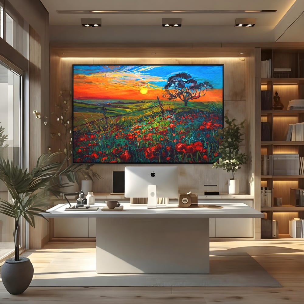 Tablou canvas cu tablou canvas cu maci si apus de soare, in rama de aluminiu negru, pe perete intr-un birou
