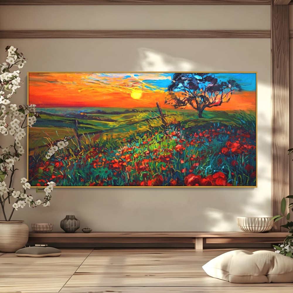 Tablou canvas cu tablou canvas cu maci si apus de soare, in rama de aluminiu auriu