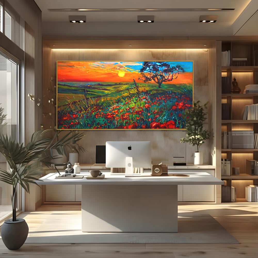 Tablou canvas cu tablou canvas cu maci si apus de soare, in rama de aluminiu auriu, pe perete intr-un birou