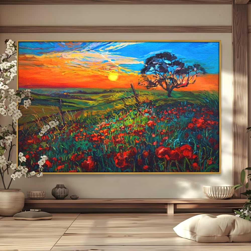 Tablou canvas cu tablou canvas cu maci si apus de soare, in rama de aluminiu auriu