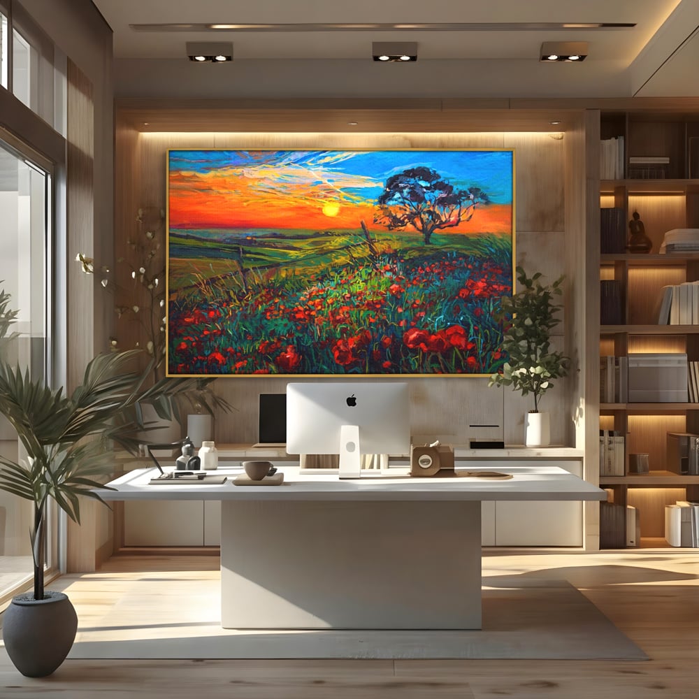 Tablou canvas cu tablou canvas cu maci si apus de soare, in rama de aluminiu auriu, pe perete intr-un birou