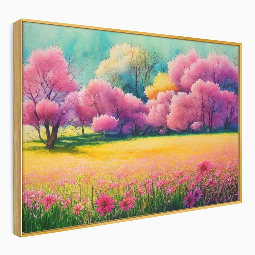 Tablou canvas cu tablou canvas cu peisaj de primavara, in rama de aluminiu auriu