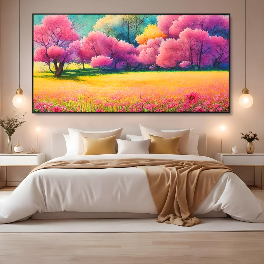 Tablou canvas cu tablou canvas cu peisaj de primavara, in rama de aluminiu negru, pe perete intr-un dormitor