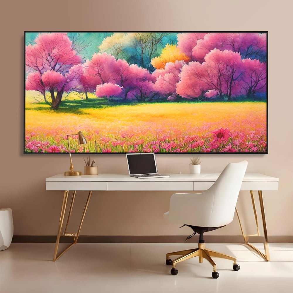 Tablou canvas cu tablou canvas cu peisaj de primavara, in rama de aluminiu negru, pe perete intr-un birou