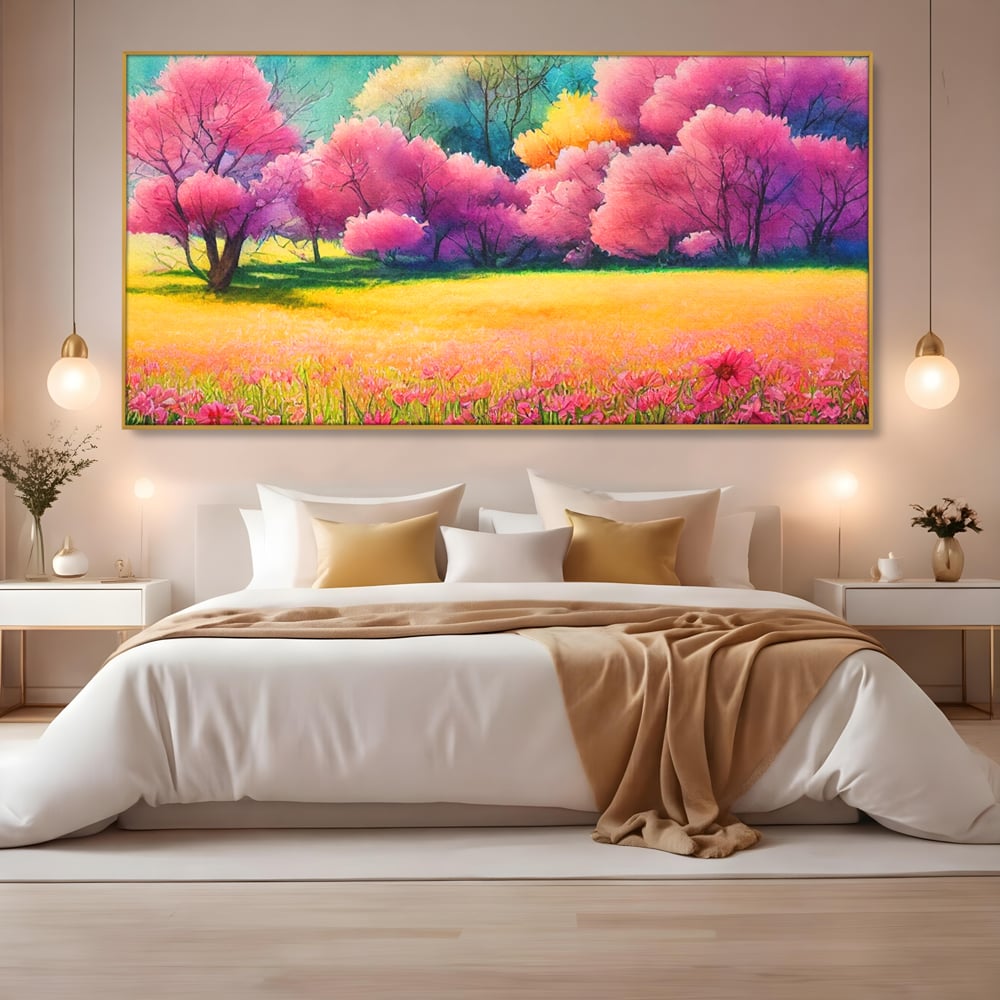 Tablou canvas cu tablou canvas cu peisaj de primavara, in rama de aluminiu auriu, pe perete intr-un dormitor